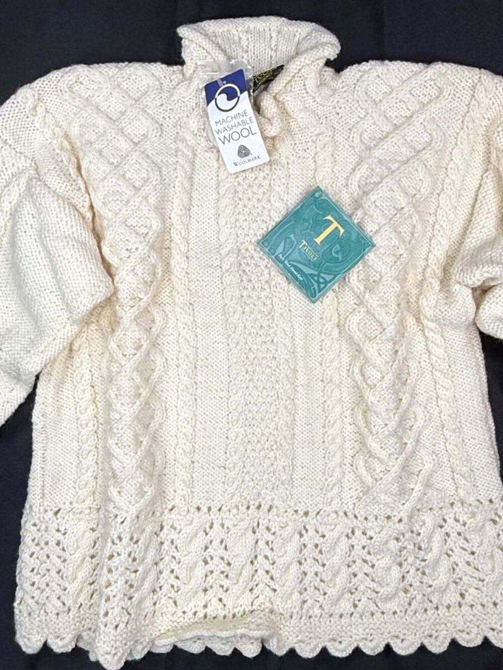 NWT Tivoli Blarney Womens M Woollen Mills Handknit Irish Aran Sweater Cream VTG